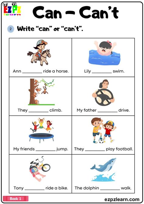 Can/Can't Complete the Sentences Grammar Worksheet pdf Can Can’t Worksheet, Class 2 English Grammar Worksheet, Can Can't Worksheets For Kids, I Can Worksheet For Kids, I Can I Can't Worksheet For Kids, Can And Can't Worksheet, Make A Sentence Worksheet, Complete The Sentences Worksheet, English Sentences For Kids