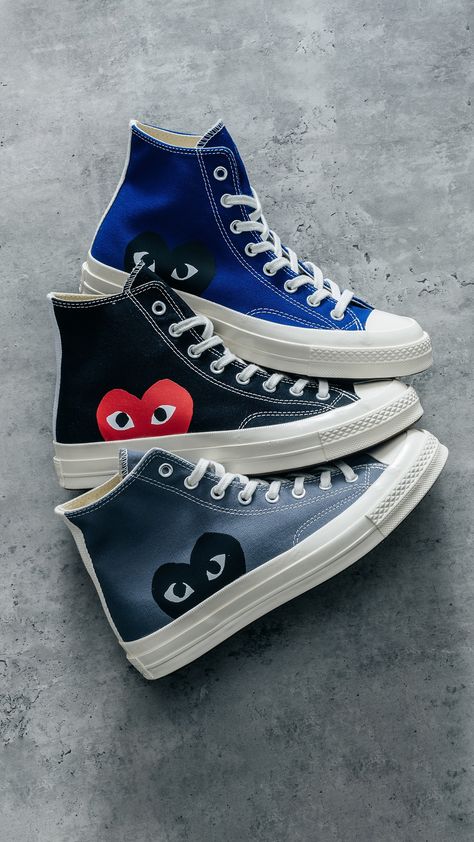 RESTOCK: Converse x Comme des Garçons PLAY❤️ Available now at all retail locations + online. Enter now: https://feature.com/pages/explore-comme-des-garcons-play Blue Comme Des Garcons Converse Outfit, Comme Des Garcons Converse Low, Comme Des Garcons Converse Outfit, Garcons Converse Outfit, Com Des Garcons, Come Des Garcons, Converse Cdg, Converse X Comme Des Garcons, Cdg Converse