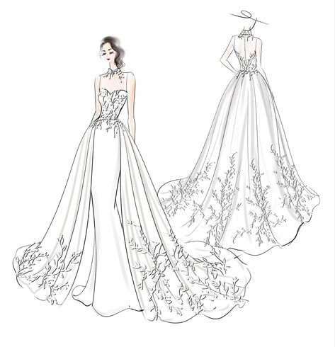 Create Your dream wedding dress with Giorgia Couture’s Creative Director Vienna Mei Wedding Dress Sketches Illustration, Wedding Dresses Sketches, Wedding Dress Sketches Design, Wedding Dress Drawing, Wedding Dress Sketch, Wedding Dress Drawings, Wedding Dress Illustrations, Draw Fashion, Wedding Dress Sketches