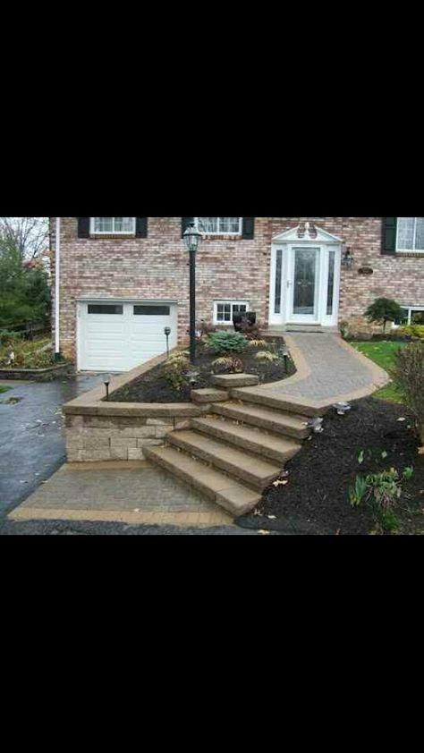 Front lawn Driveway Retaining Wall, Front Entry Landscaping, Retaining Wall Construction, Retaining Wall Ideas, Retaining Wall Design, Front Walkway, Stone Retaining Wall, Landscaping Retaining Walls, Sloped Garden