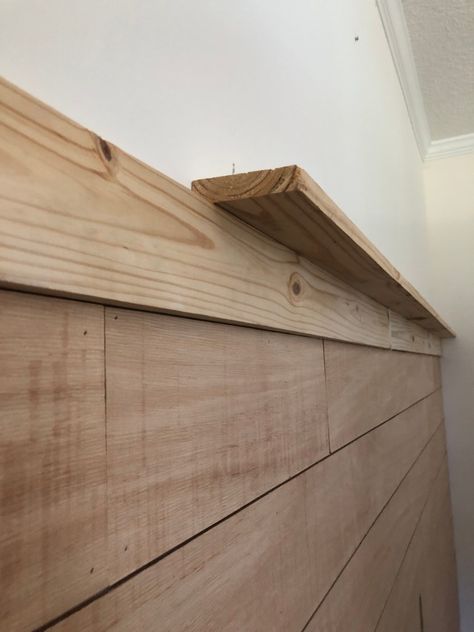 Shiplap Bedroom Wall With Shelf, Shiplap Shelf Wall, Shiplap Foyer Entryway Accent Wall, Shiplap With Shelf On Top, How To Make A Wall Shelf, Natural Wood Accent Wall Living Room, Shiplap Half Wall With Ledge, Half Wall Shiplap Bedroom, Bedroom Accent Wall With Shelf