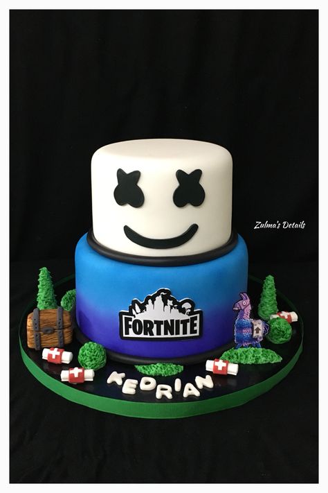 Fortnite Marshmello Cake, Fortnite Birthday Party Ideas Cake, Dj Marshmello Cake, Fortnite Cake For Boys, Easy Fortnite Cake, Marshmello Cake, Fortnight Birthday, Fortnite Marshmello, Fortnite Birthday Cake