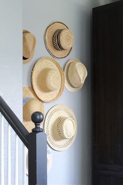 straw hat collection as decor Straw Hat Wall, Straw Hat Decor, Straw Hat Wall Decor, Hat On Wall Decor, Hats On Wall, Hat Wall Decor, Hat Wall, Beach Inspired Bedroom, White Down Comforter