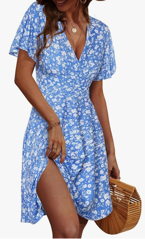 FENSACE Womens Sundress Summer Floral Short Sleeve Wrap V Neck A-Line Midi Dress Womens Sundress, Sundress Short, Sundress Summer, Floral Short, Summer Floral, Sundress, A Line, Midi Dress, For Free