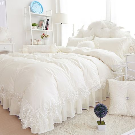 Ivory White Lace Design Princess Style High Gloss Elegant Girls Wedding Themed Luxury Cotton Twin, Full, Queen Size #Bedding #Bedspread #Bedroom Sets Elegant Bedspreads, Bedding Sets Queen, Lace Bedspread, Princess Bedding Set, Princess Bedding, Vasos Vintage, Lace Bedding Set, White Bedspreads, Ruffle Duvet Cover