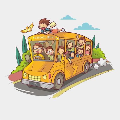 Happy children on the school bus hand dr... | Premium Vector #Freepik #vector #school-bus #bus-cartoon #kids-class #student-cartoon School Van, The Bus, School Trip Drawing, Bus School, Bus Trip, School Trips, School Trip Bus, Students Cartoon, School Students Images