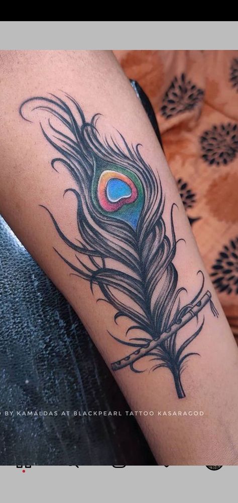 Morpankh Tattoo, Mor Pankh Tattoo, Peacock Feather Tattoo Design, Peacock Tattoo Designs, Wing Tattoo Arm, Feather Tattoo Black, Flute Tattoo, Modern Art Tattoos, Tattoo Design For Hand