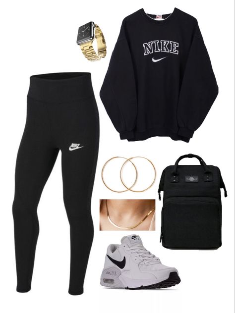 Nike And Sweater Outfit, Nike Women’s Outfits, Nikes Outfit For Women Casual, Black Nike Leggings Outfits, Nike Employee Outfit, Nike Fitness Outfits Women, Cold Track Practice Outfits, Nike Outfits For Women Aesthetic, Sports Casual Outfits