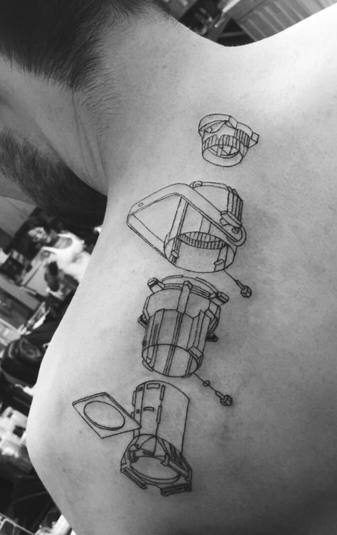 Theater Inspired Tattoos, Musical Theater Tattoos Ideas, Broadway Tattoos Musicals, Projector Tattoo, Theater Tattoos, Theater Tattoo Ideas, Theatre Tattoo Ideas, Theatre Tattoos, Lighting Tattoos