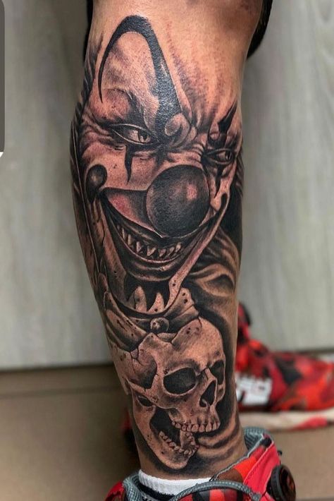 Scary Arm Tattoos, Joker Leg Tattoo Men, Clown Leg Tattoo, Men Tattoo Leg Ideas, Scary Leg Tattoos, Half Sleeve Tattoos For Guys Forearm, Dark Tattoos For Men, Chest Tattoo Sketches, Tato Realis