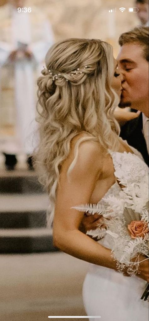 Messy Half Up Half Down Bridal Hair, Beach Bridal Hair Half Up, Half Up Half Down Wedding Hair With Hair Piece, Brides Hair Half Up Half Down, Bridal Waterfall Braid, Wedding Hairstyles For Blonde Hair, Boho Hairstyles For Long Hair Wedding, Wedding Half Up Half Down Braid, Boho Half Up Half Down Hairstyles Braid