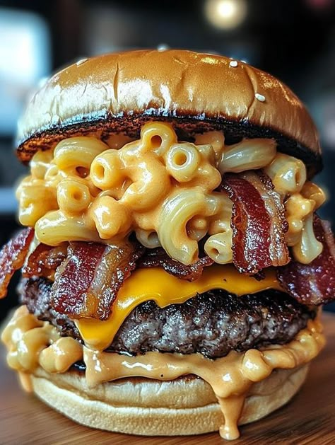 The Bacon Mac 'n' Cheese Burger is a culinary marvel that brings together the rich, creamy comfort of mac ‘n’ cheese, the savory goodness of crispy bacon, and the juicy satisfaction of a perfectly cooked Mac And Cheese Burger, Bacon Mac And Cheese, Bacon Burger, Gourmet Burgers, Cheese Burger, Hamburger Buns, Air Fryer Recipes Easy, Food Recepie, Interesting Food