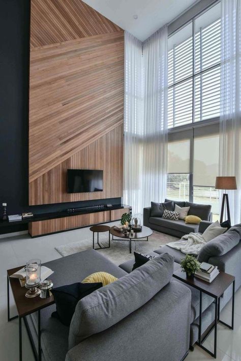 Wil’s 11 Residence: living room with a double volume wood wall feature matched with sheer curtains - CAANdesign | Architecture and home design blog High Ceiling Living Room, Decor Ikea, Home Cinema, Natural Home Decor, Cool Ideas, Contemporary Interior Design, Room Decorations, Contemporary Living Room, A Living Room