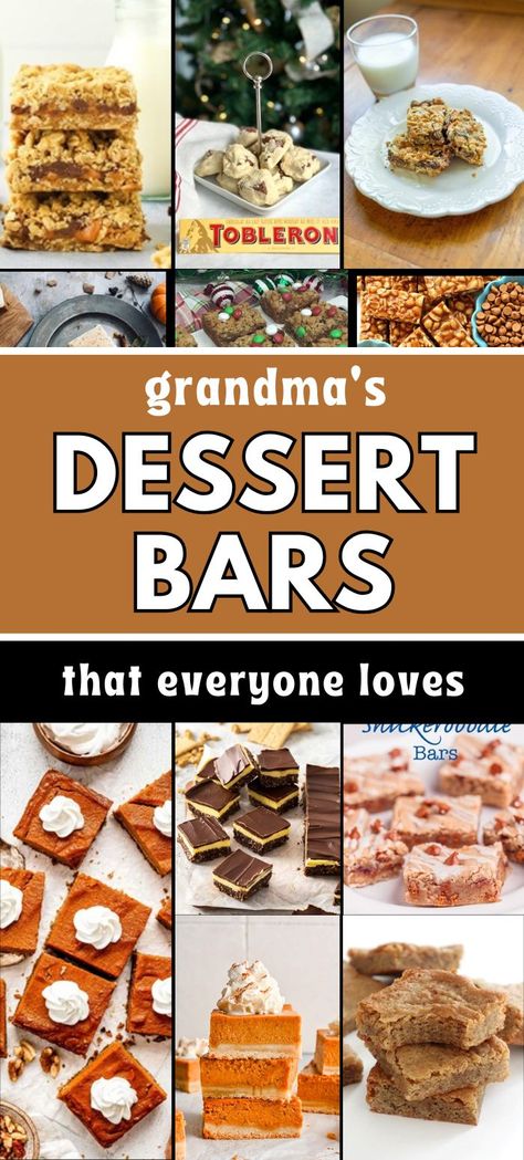 An image collage of 24 dessert bar recipes that grandma used to make. The image contains various dessert bars with text overlay that signifies 24 Grandma’s Best Dessert Bar Recipes Bar Treats Dessert, Easy Unique Dessert Recipes, Bar Deserts Recipes, Best Desserts For A Party, Large Desserts For A Crowd, Bar Pan Recipes, Pot Luck Desserts For A Crowd, Dessert For Dinner Party, Potluck Desserts Easy