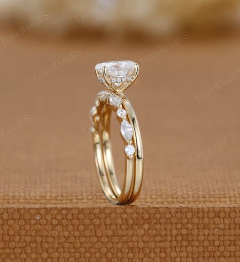 2ct Oval Moissanite Engagement Ring Set Yellow Gold Diamond - Etsy Wedding Band Plus Engagement Ring, Circle Shaped Engagement Rings, Wedding Ring Sets Oval Diamond, Oval Moissanite Ring Set, Oval Wedding Ring Set Gold Band, Engagement Rings With Stackable Bands, Women’s Gold Wedding Ring, Oval Cluster Engagement Ring With Wedding Band, Oval Solitaire Engagement Ring With Wedding Band