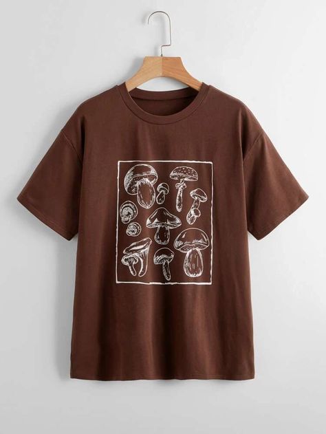 Mushroom Print, Brown Tshirt, Women T Shirts, Teenage Fashion Outfits, Shein Style, Dream Clothes, Women Tops, Outfits Aesthetic, Look Cool