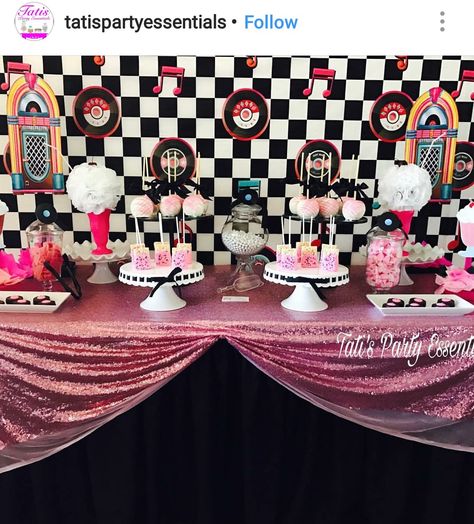 1950 Birthday Party Dessert Table and Decor 50s Theme Dessert Table, Disco Ball Centerpiece, Bowling Themed Birthday Party, 60s Diner, Retro Party Decor, 50s Party Decorations, 1950s Theme Party, Grease Themed Parties, Party Favor Table