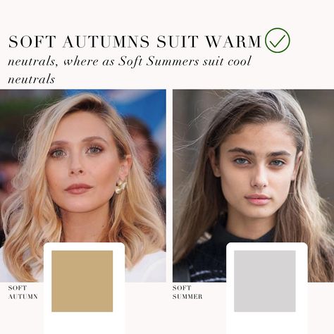 Soft Summer VS Soft Autumn as requested 🤍 . #coloranalysis #colouranalysis #coloranalyst #softsummer #softautumn Soft Summer Vs Soft Autumn, Soft Autumn Celebrities, Soft Autumn Makeup, Summer Eyes, Soft Autumn Color Palette, Soft Summer Colors, Bright Winter, Seasonal Color Analysis, Soft Autumn