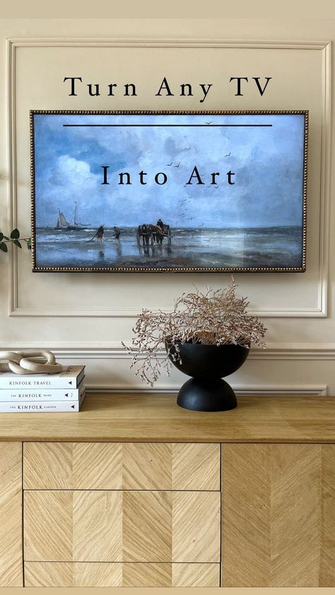 Art Over Tv Stand, Frame Tv Over Dresser, Fake Frame Tv, Tv As Artwork, Framed Tv Art, Photo Frame Tv, Tv Art Frame, Tv That Looks Like A Painting, Framed Tv Over Fireplace