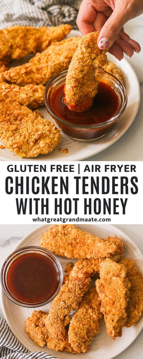 Easy air fryer chicken tenders covered in a crispy, plantain-crusted coating and air fried to sizzling perfection. Served with a homemade hot honey recipe that is sweet and spicy and bursting with flavor! This gluten-free, nut-free, and dairy-free meal is served in under 30 minutes! Air Fryer Gluten Free, Homemade Hot Honey, Gluten Free Chicken Tenders, Easy Air Fryer Chicken, Hot Honey Recipe, Air Fryer Chicken Tenders, Appetizer Ideas, Spicy Honey, Sticky Fingers