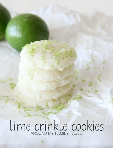 lime crinkle cookies...they whip it quickly with the help of a boxed cake mix Baking With Grandma, Key Lime Recipes, Spring Flavors, Kiwi Recipes, Dessert Cart, Key Limes, Lime Cookies, Crinkle Cookies Recipe, Lime Desserts