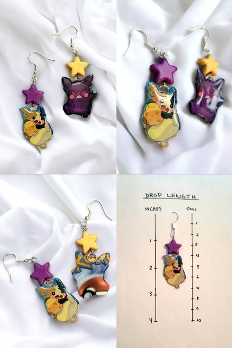 A pair of purple and yellow dangle earrings made from Pokemon cards of the Pokemon "Morpeko" in both happy and hangry form. Pokemon Cards Diy Crafts, Pokemon Card Art Ideas, Upcycle Pokemon Cards, Pokemon Card Crafts, Diy Pokemon Crafts, Pokemon Tins, Diy Pokemon, Pokemon Crafts, Pokemon Jewelry