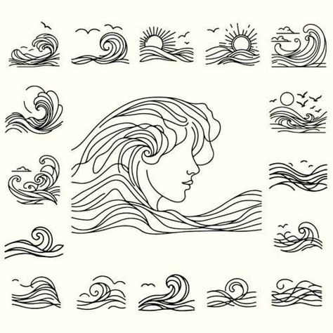 Waves Line Drawing, Drawings Of Waves, Ocean Line Drawing, Ocean Wave Drawing, Wave Outline, Waves Graphic, Beach Minimalist, Sun Svg, Ocean Drawing