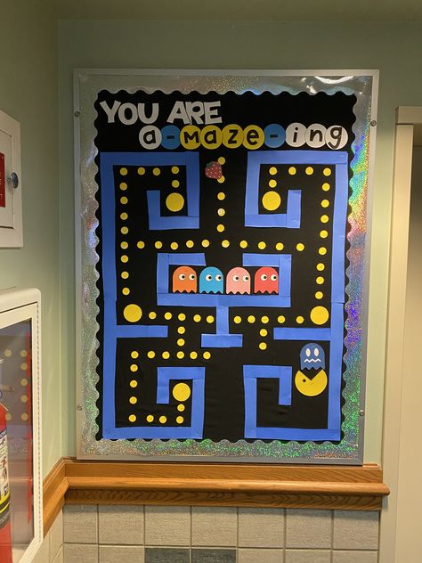 Pacman Bulletin Board Ideas, Pacman Bulletin Board, Interactive Board Ideas, Pac Man Bulletin Board Ideas, Pac Man Bulletin Board, Board Game Bulletin Boards, Level Up Bulletin Board Ideas, Level Up School Theme, Pacman Aesthetic