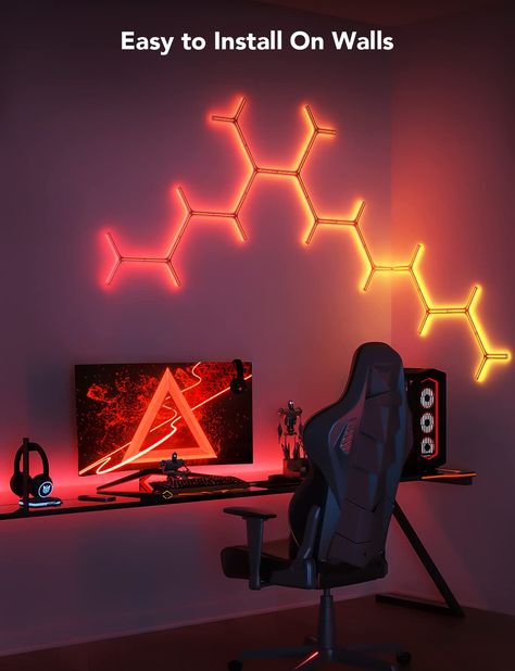 Pc Gaming Room Decor, Ideas For Gaming Room, Gaming Wall Design, Game Room Led Lights, Light Panels Wall, Diy Gaming Decor, Govee Lights Ideas, Gaming Room Lights, Led Decoration Ideas