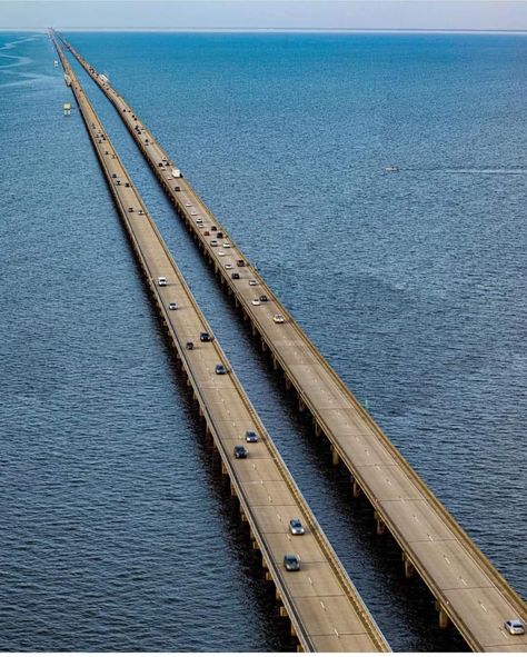 The Lake Pontchartrain Causeway in Louisiana is the longest bridge in the United States, spanning 23.79 miles across Lake Pontchartrain, it is the longest continuous bridge over water in the world. The bridge connects New Orleans with smaller communities on the north shore of Lake Pontchartrain. Lake Pontchartrain Causeway, Bridge Over Water, New Orleans Voodoo, Lake Pontchartrain, North Shore, The Bridge, To Miss, Louisiana, New Orleans