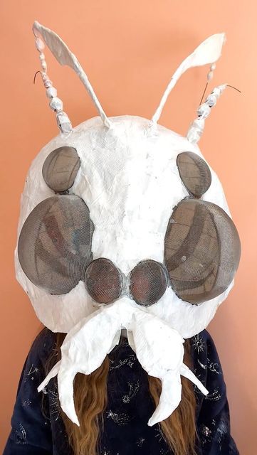 Whimsical Paper Mache, Paper Mache Mask Tutorial, Paper Mache Animal Mask, Bug Costume Diy, Cardboard Mask Ideas, Troll Mask, Paper Mache Costume, Insect Mask, Bug Mask