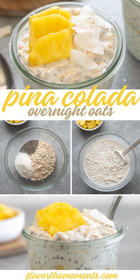 Tropical Overnight Oats Recipe, Overnight Oats Pina Colada, Pina Colada Oatmeal, Pineapple Coconut Overnight Oats, Overnight Oats Healthy Clean Eating Recipes, Pineapple Overnight Oats, Overnight Oats With Coconut Milk, Overnight Oats Coconut Milk, Pina Colada Overnight Oats