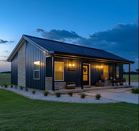 Small Metal Barndominium, Tiny Barndominium Ideas, Simple Barndominium Ideas Interiors, Metal House, Mini Barndominium With Brick, Small Barndominium, Metal Shop Houses Mini, Small Pole Barn Homes Simple Rustic, Tiny Barndominium