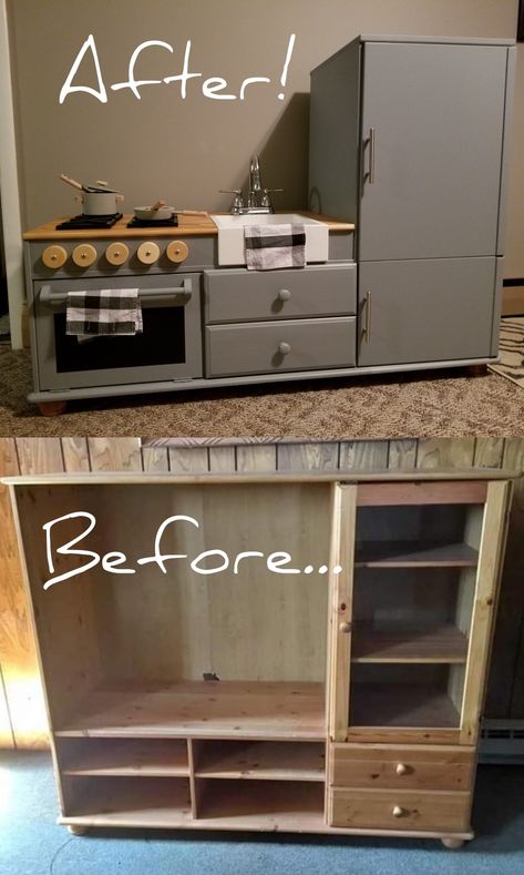 Toy kitchen for kids. Stove, sink, refrigerator, oven, and more! Tv Stand Turned Into Play Kitchen, Diy Play Kitchen Plans, Homemade Play Kitchen, Diy Pretend Kitchen, Painted Play Kitchen, Diy Play Kitchen For Older Kids, Diy Kitchen Play Set Kids, Diy Kitchen Set For Kids, Diy Play Kitchen Makeover