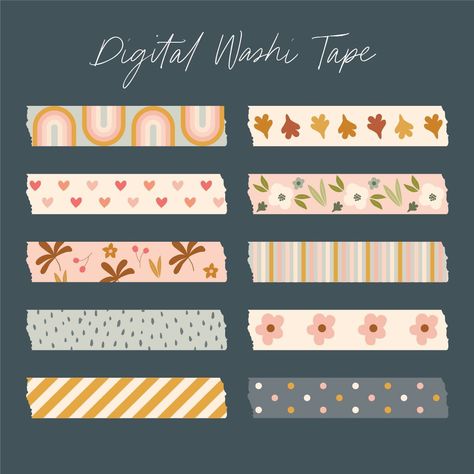 Washi tape designs and patterns for free download and craft use Digital Washi Tape Png, Digital Bullet Journal Template, Canva Learning, Digital Stationary, Washi Tape Digital, Bullet Journal Template, Washi Tape Designs, Free Digital Stickers, Digital Washi