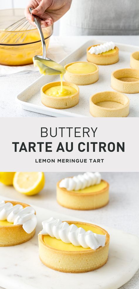 French Tart Au Citron, Frog Pastries, Chef Dinner Ideas, Tart With Meringue, Citrus Tart Recipe, Lemon Meringue Pie Mini, Meyer Lemon Tart, Patisserie Desserts Recipes, Small Lemon Tarts