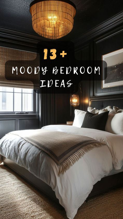 Ready for a bedroom makeover? Click to discover 13 moody bedroom ideas that will transform your space into a stylish sanctuary. 🌑🛏️ #BedroomMakeover #MoodyInteriors #HomeStyle #DecorTips #StylishSleep Classic Moody Bedroom, Sultry Master Bedrooms Decor, Decadent Bedroom Ideas, Moody Color Palette Master Bedrooms, Bedroom Statement Piece, Moody Bedroom Dark Ceiling, Moody Modern Bedroom Ideas, Bedroom Color Schemes Dark Wood, Black Contrast Wall Bedroom