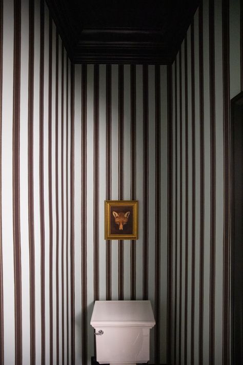 Modern Colonial Bathroom Ideas, Modern Colonial Powder Room, Colonial Bathroom Wallpaper, Colonial Style Bathroom Ideas, Striped Powder Room, Stripe Wallpaper Powder Room, Chris Loves Julia Powder Room, Colonial Powder Room, Roman Clay Powder Room