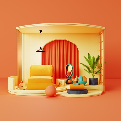 Set Design for Furniture Visualization on Behance Theme Interior Design, Lilac Interior, Furniture Graphic, Orange Theme, Tv Set Design, Stage Set Design, Interior Living Room, Tv Sets, Exhibition Booth Design