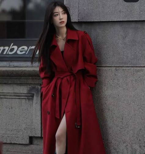 Korean Red And Black Outfits, Red Dress Korean Style, Korean Fashion Trench Coat, Dark Trench Coat Aesthetic, Red Trench Coat Outfit, Red Trench Coat Aesthetic, Girly Style Outfits, Fashion Terms, Red Trench Coat