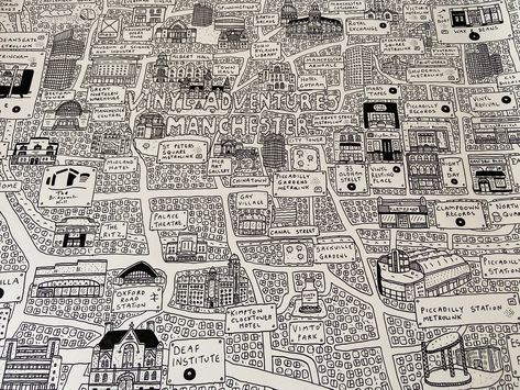 Vinyl Adventures Manchester Doodle Map - Dave Draws Shop Drawing Cities On Maps, Manchester Graffiti, Manchester Wall Art, Manchester Map, Map Coasters, Manchester City Centre, Manchester Art, Drawn Map, Record Shop