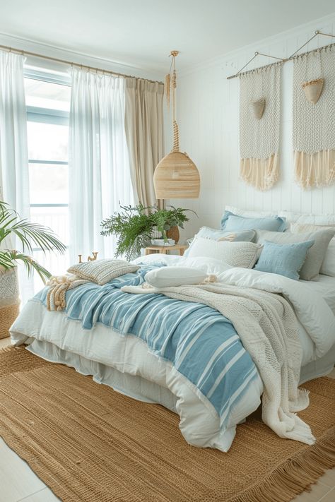 Light Blue Boho Bedroom, Blue Boho Bedroom Ideas, Coastal Apartment Decor, Ocean Inspired Bedroom, Blue Boho Bedroom, Blue Dorm Room, Coastal Room Decor, Blue Dorm, Living Room Coastal