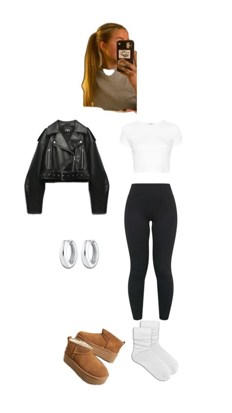 Leather jacket. White crop top. Uggs. Black leggings. Winter Outfits Uggs Leggings, Fluffy Leggings Outfit, Winter Outfits Black Leggings, Black Ugg Outfit Ideas, Leggings Outfit Autumn, Black Ugg Outfit, Crop Top Outfits Winter, Casual Athletic Outfits, Uggs Outfit Winter