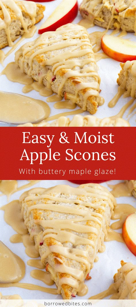 These Apple Scones are deliciously tender and perfectly moist! Studded with sweet, juicy apples and fragrant cinnamon, they are an easy fall treat that’s made with basic pantry ingredients. They bake up golden brown and slightly crisp on the edges, just begging for a generous drizzle of maple glaze! Fall Baking Ideas Apple Recipes, Apple Recipes From Apple Picking, Fall Recipes Easy Healthy, Apple Picking Recipes Easy, The Best Apple Recipes, What To Make Out Of Apples, Fall Apple Baking Recipes, Apple Breakfast Pastries, Spiral Apple Recipes