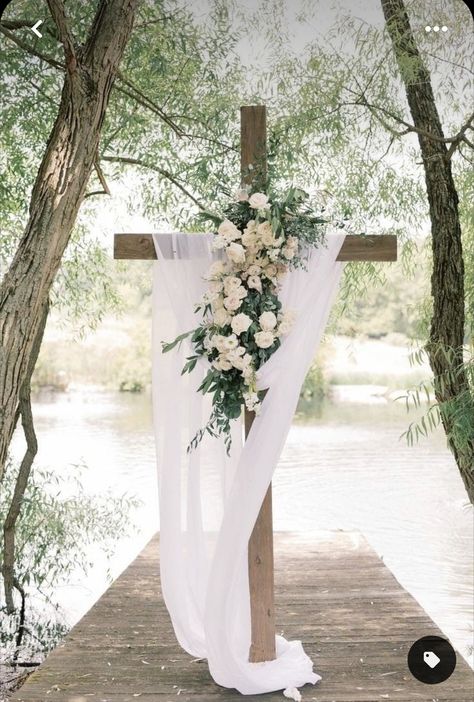 Modern Romantic Wedding Ceremony Decor, Outdoor Wedding Cross Backdrop, Cross Center Piece Wedding, Alter Decor Wedding, Cross Wedding Arbor, Wedding Cross Altar Outdoor Ceremony, Decorated Cross For Wedding, Alter Ideas For Wedding, Wedding Ceremony Cross Backdrop