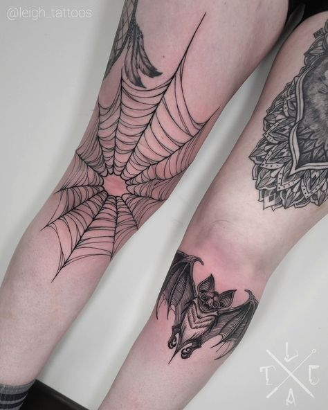 Lil gothic bat and spider Web knee tattoos @grimoiretattoo_ 🔸️For all bookings and enquiries, please contact me by DM. . Check out my work and portfolios: 🔹️@leigh_tattoos 🔹️@leighs_tinytatts . 🔸️Sponsored by: ▪️@miixa100tequila 🔹️@heliostattoo 🔹️@h2oceanloyalty #Lancaster #lancastertattoo #lancastertattooartist #killerink #kneetattoo #battattoo #spiderwebtattoo #bat #spiderweb Spiderweb Rib Tattoo, Bat Tattoo On Leg, Bat Lower Back Tattoo, Bat Under Knee Tattoo, Bat Shin Tattoo, Bat Tattoo Leg, Pink Spider Tattoo, Bat Leg Tattoo, Gothic Knee Tattoo