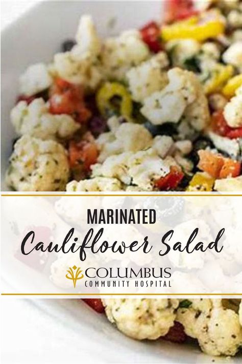 This marinated cauliflower salad will make the perfect addition to your next summer cookout! Allow time for cauliflower to marinate, and always stir before serving. Marinated Cauliflower Salad, Cauliflower Salad Dressing, Cauliflower Marinated, Cauliflower Salad Recipes, Marinated Cauliflower, Marinated Green Beans, Green Olive Salad, Marinated Salad, Antipasto Salad Recipe