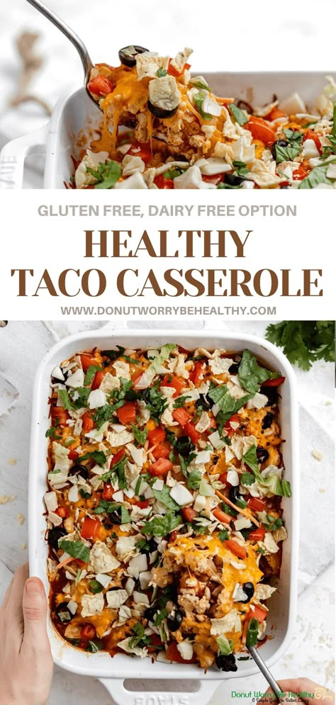 Tex-mex flavor without the tex-mex guilt! This ACTUALLY healthy taco casserole is made with all of your favorite Mexican ingredients in a lightened-up way that will leave you satisfied without weighing you down. #tacocasserole #tacotuesday #healthytacos #texmex #healthymexican #healthycasserole Tex Mex Low Carb, Paleo Taco Casserole, Turkey Taco Casserole Healthy, Easy Gluten Free Mexican Recipes, Healthy Taco Night, Gluten Free Tex Mex Recipes, Healthy Dish To Pass Ideas, Healthy Chicken Taco Casserole, Healthy Mexican Lunch Ideas