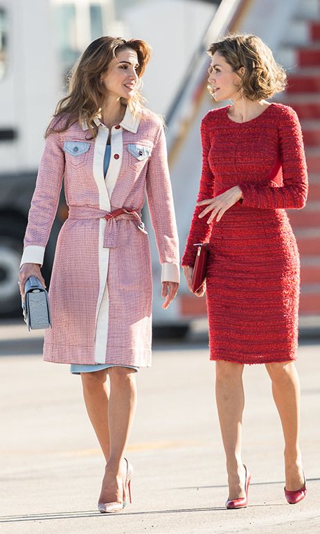 Queen Letizia welcomes equally fashionable Queen Rania to Spain Queen Rania Style, Herringbone Coat, Looks Kate Middleton, Queen Rania, Charlotte Casiraghi, Royal Outfits, Queen Letizia, Work Attire, Royal Fashion