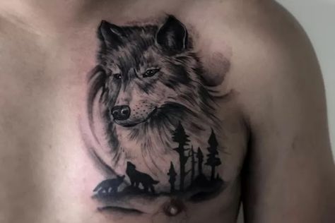 Wolf On Chest Tattoo, Wolf Tattoo Design Men Chest, Wolf Chest Tattoo Men, Wolf Chest Tattoo, Men Chest Tattoo Ideas, Half Chest Tattoo Men Ideas, Tattoo Background Filler, Tattoo Sleeve Filler Ideas, Chest Tattoo Cover Up